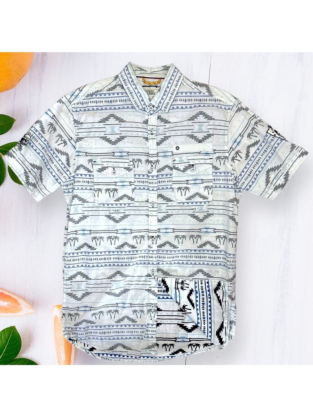 FREE PLANET SouthWestern Button Up Shirt Aztec Hippie Y2K Skate Beach Kidcore
